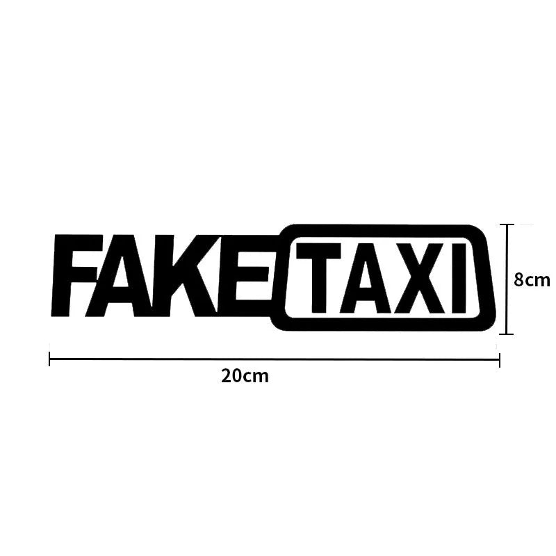 FAKE TAXI car warning sticker in black, white, and yellow, measuring 20cm by 8cm.