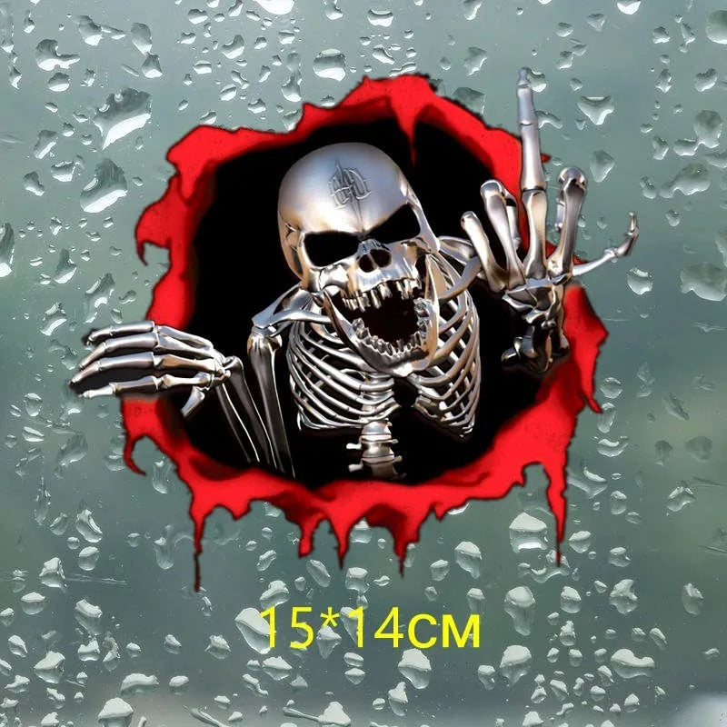 Reflective metal skull car bumper sticker with colourful broken shell design measuring 15 by 14 centimetres