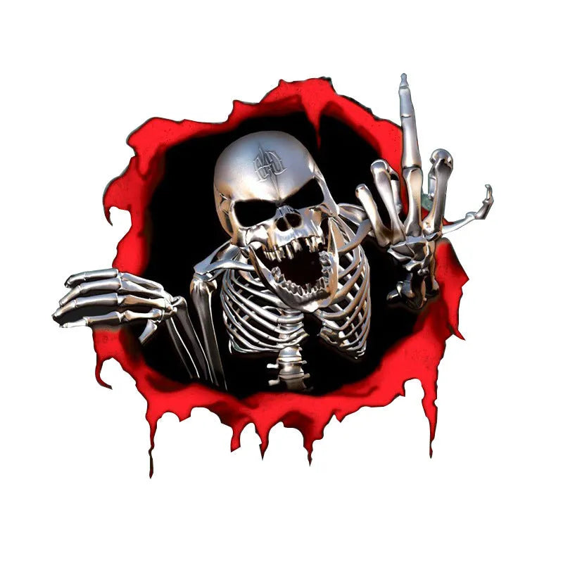 Reflective metal skull car bumper sticker with colourful broken shell design measuring 15 by 14 centimetres