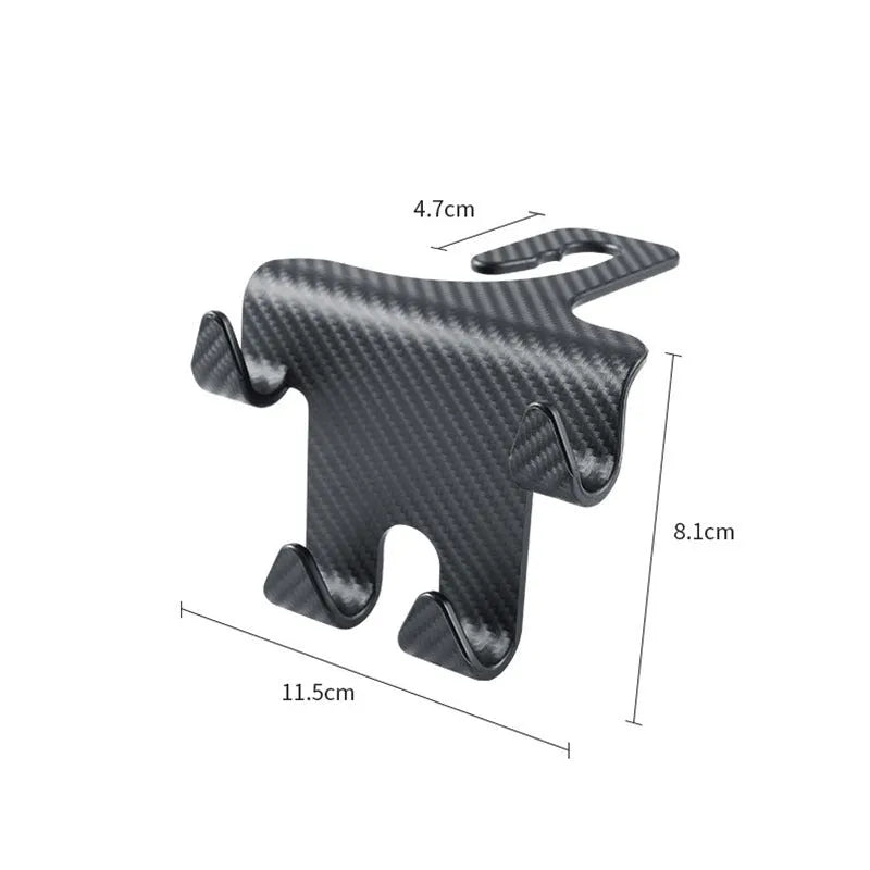 Black ABS car multifunction hook with carbon fibre pattern and integrated phone bracket for rear seat storage.