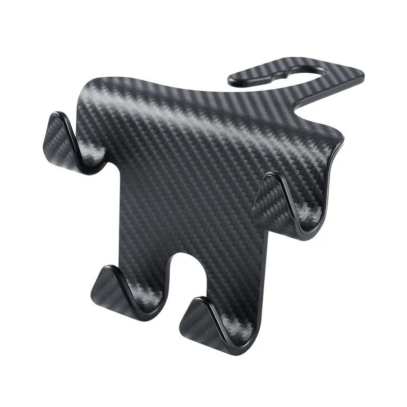 Black ABS car multifunction hook with carbon fibre pattern and integrated phone bracket for rear seat storage.