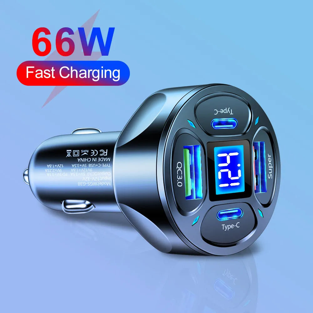 66W digital display car charger with four USB and Type-C ports for fast charging