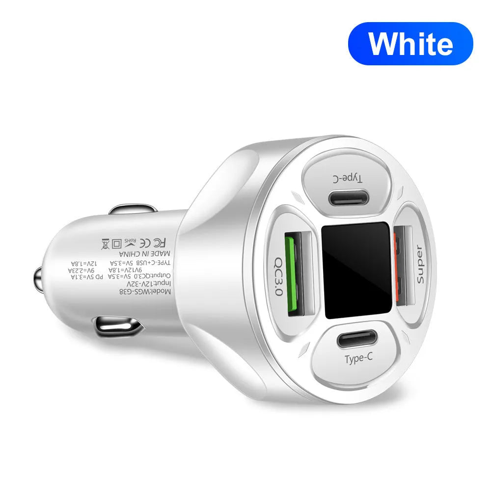 66W digital display car charger with four USB and Type-C ports for fast charging