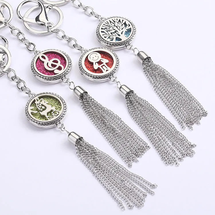 Alloy tassel aromatherapy car pendant with circular box design and chain for rear-view mirror