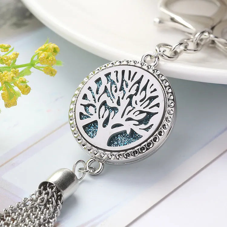 Alloy tassel aromatherapy car pendant with circular box design and chain for rear-view mirror