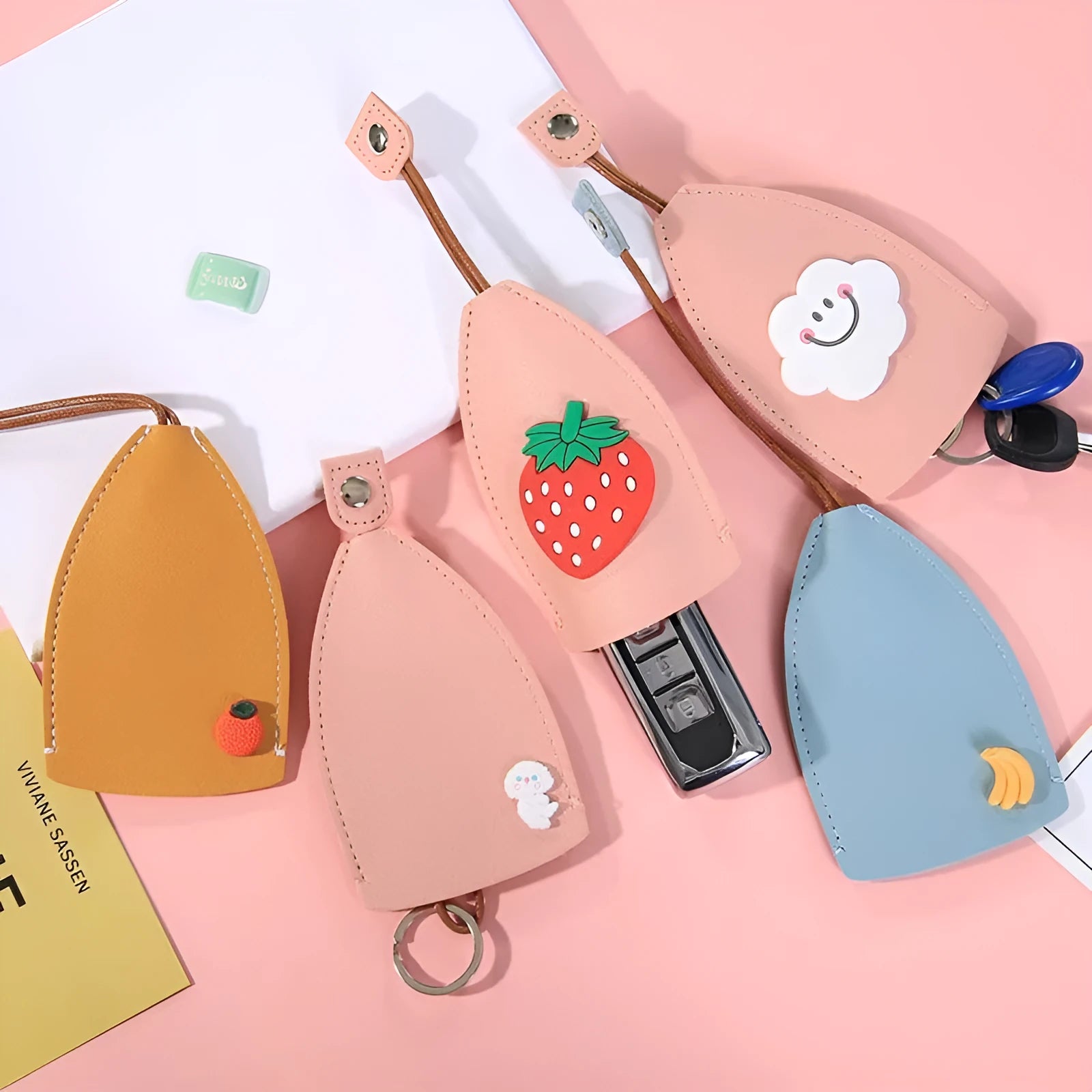 Cartoon design pull-out car key case in PU leather with removable decorative cover