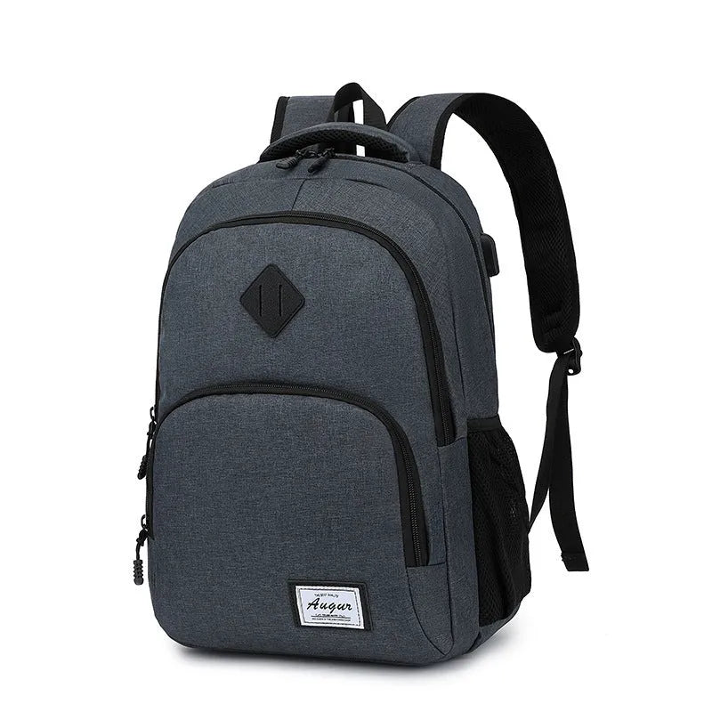 Grey nylon backpack with USB charging port showing dimensions and trolley straps