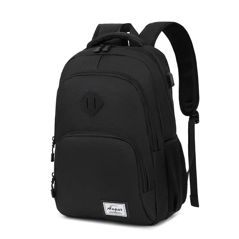 Grey nylon backpack with USB charging port showing dimensions and trolley straps