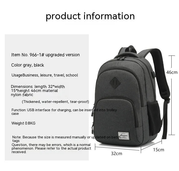 Grey nylon backpack with USB charging port showing dimensions and trolley straps