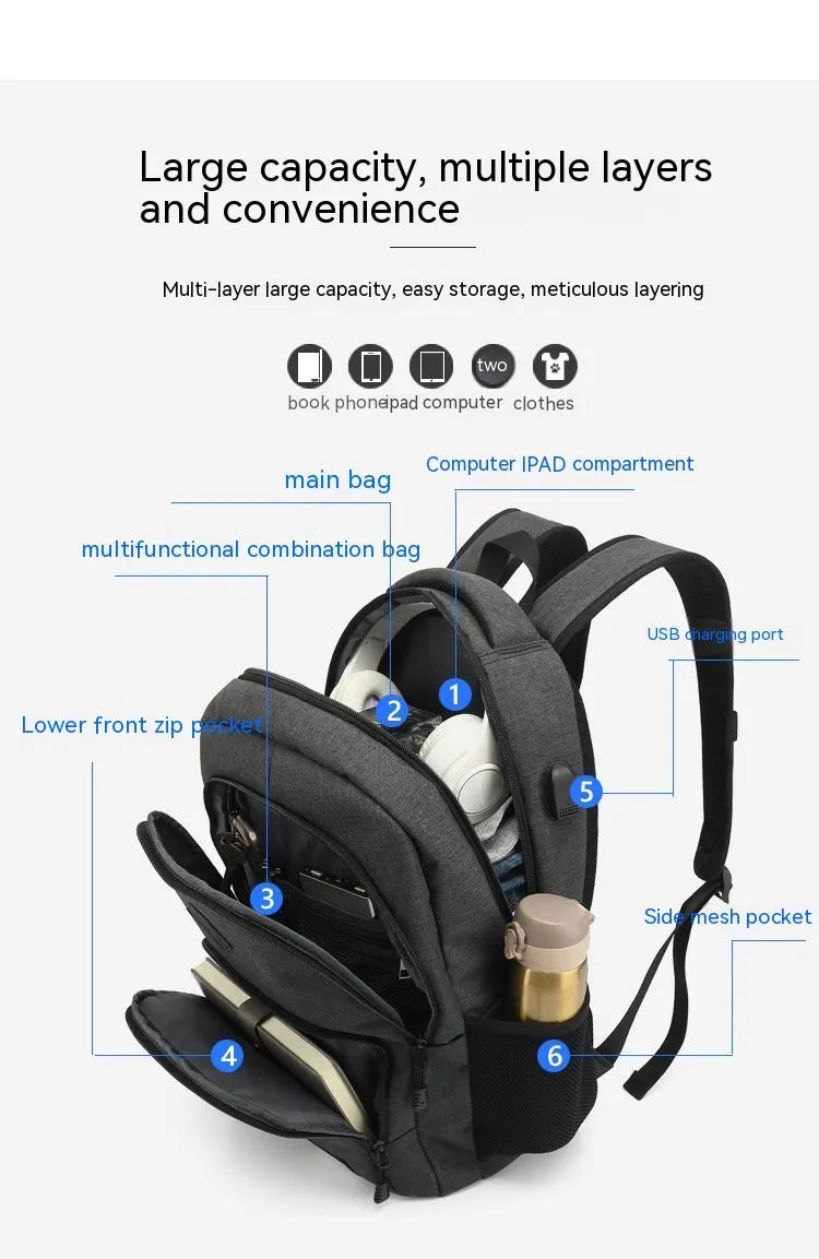 Grey nylon backpack with USB charging port showing dimensions and trolley straps