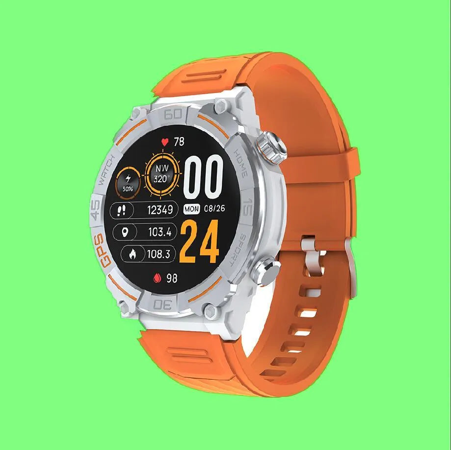 MG02 smart watch in black, khaki, or silver orange colours showing display with health metrics