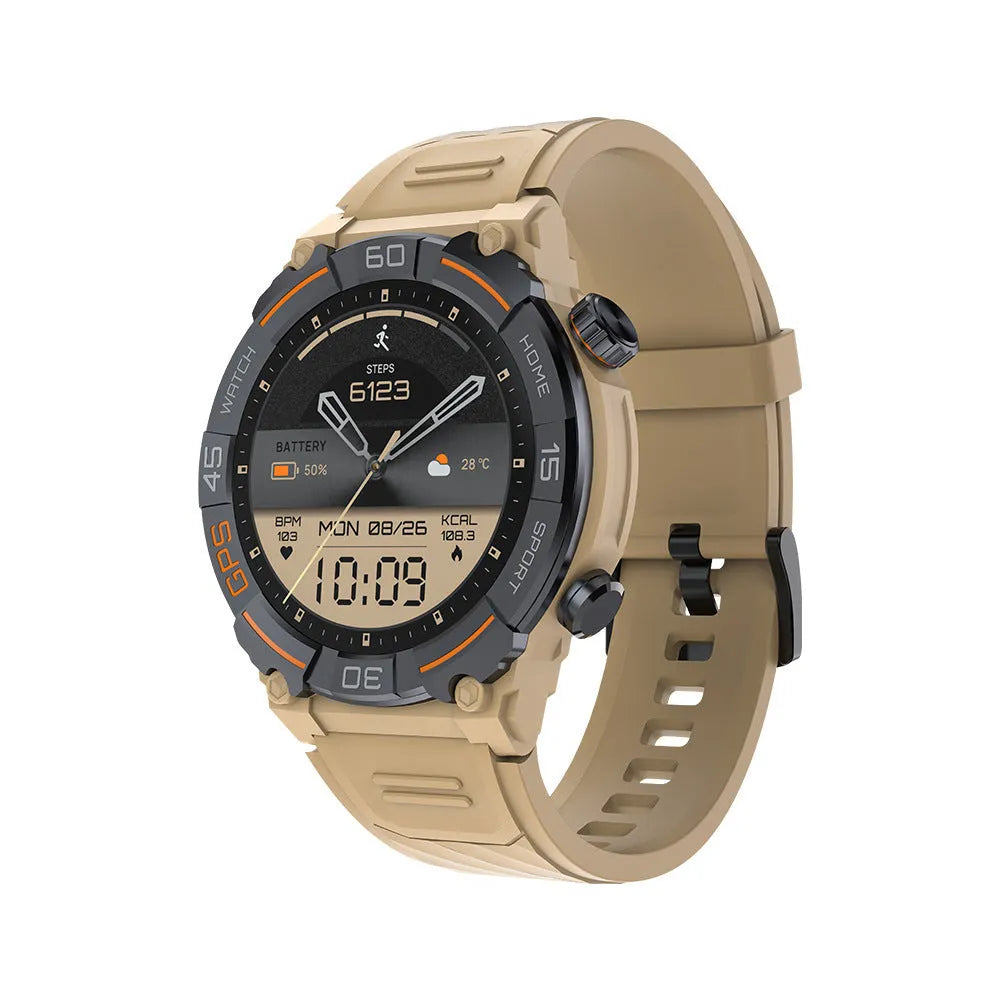 MG02 smart watch in black, khaki, or silver orange colours showing display with health metrics