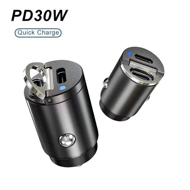 Black mini 30W car cigarette lighter charger with PD QC fast charging