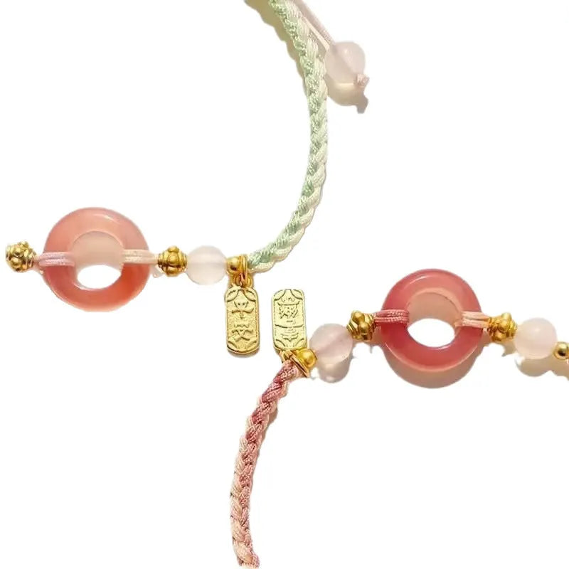 DIY woven watch band bracelet with peace buckle in peach blossom colours green pink black