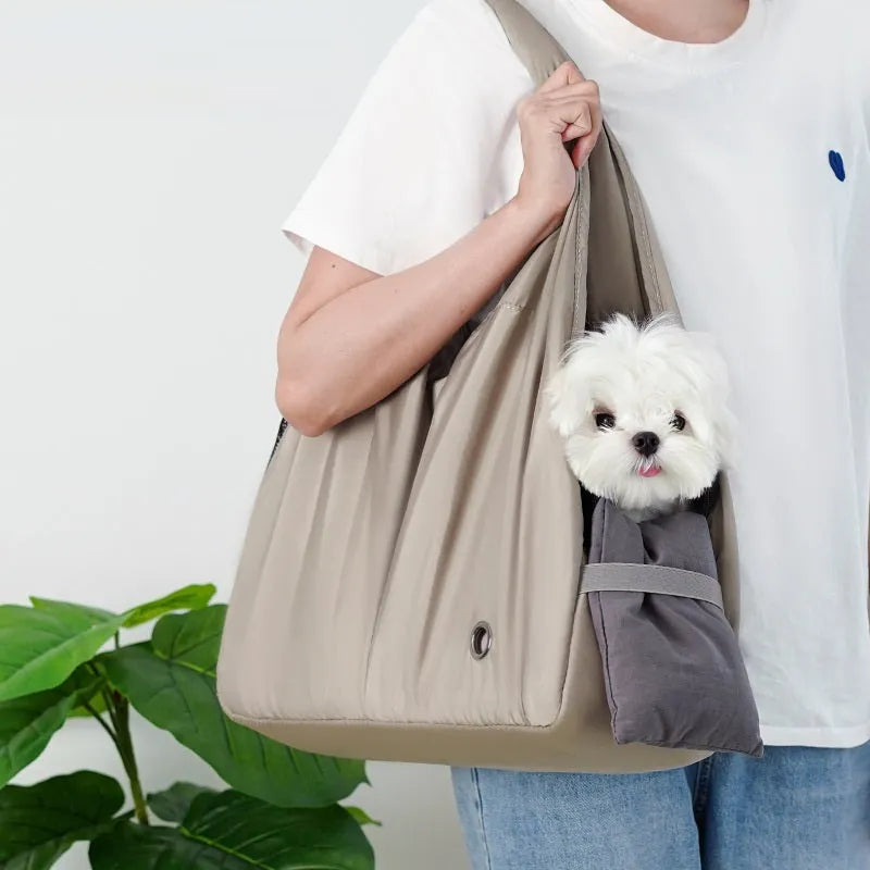 Apricot cloth pet carrier handbag showing 41 cm length and carry handle