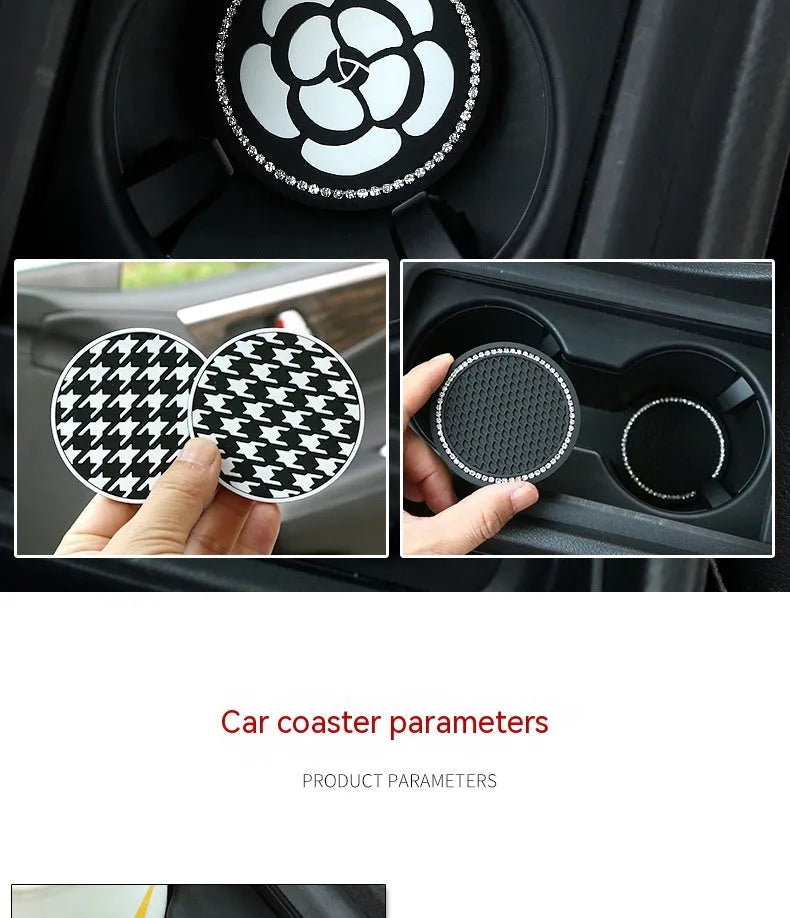 PVC car cup holder mat coaster in black and white checkerboard pattern for interior protection