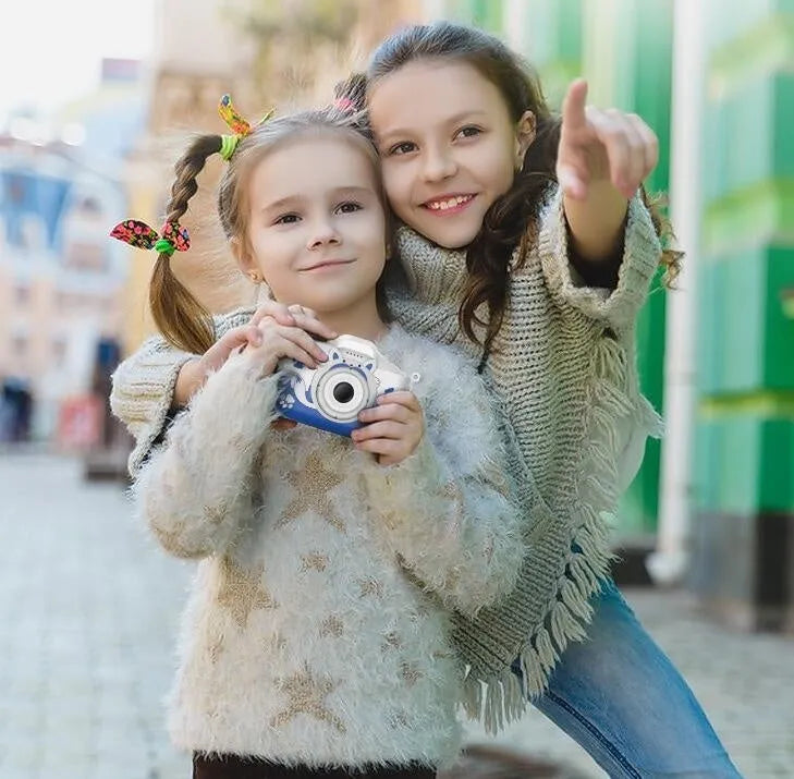 HD cartoon children's digital camera in blue and orange colours with compact design