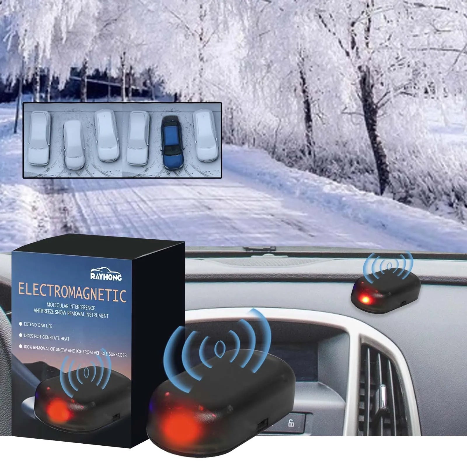 Black car snow removal tool with special glass construction measuring 5 by 2.6 by 1.5 centimetres
