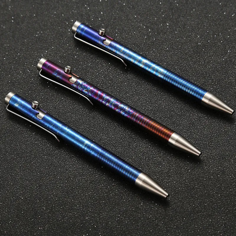 Titanium alloy magic colour gun bolt handle ball pen showing mechanical design details