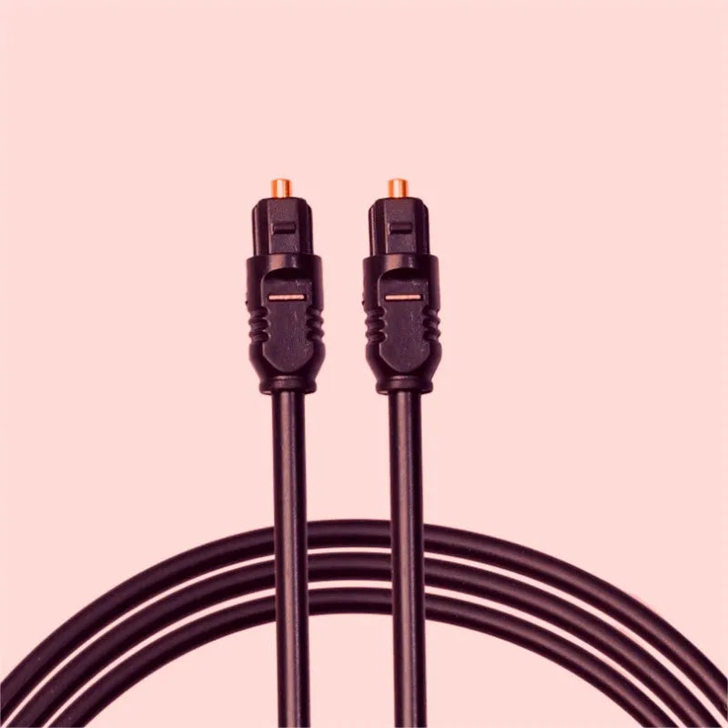 Black Toslink fibre optic audio cable with square connectors showing 2 metre length