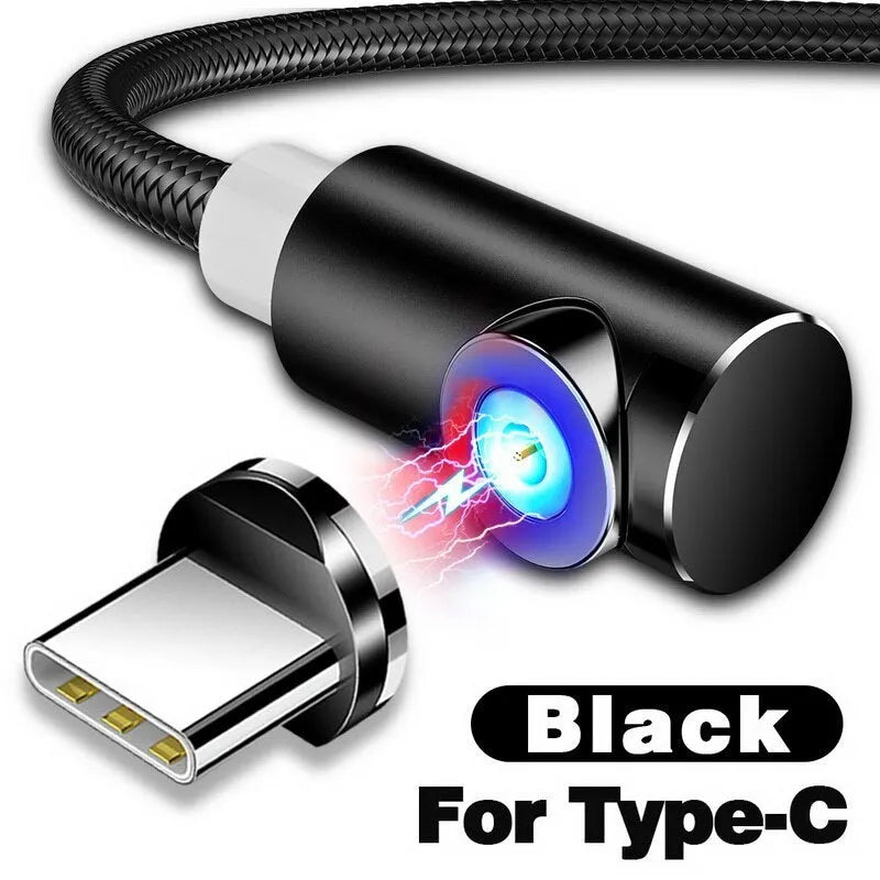 L-shape magnetic charging cable with aluminium housing in black, red, gold, or silver, showing Micro USB, Lightning and Type-C plug heads.