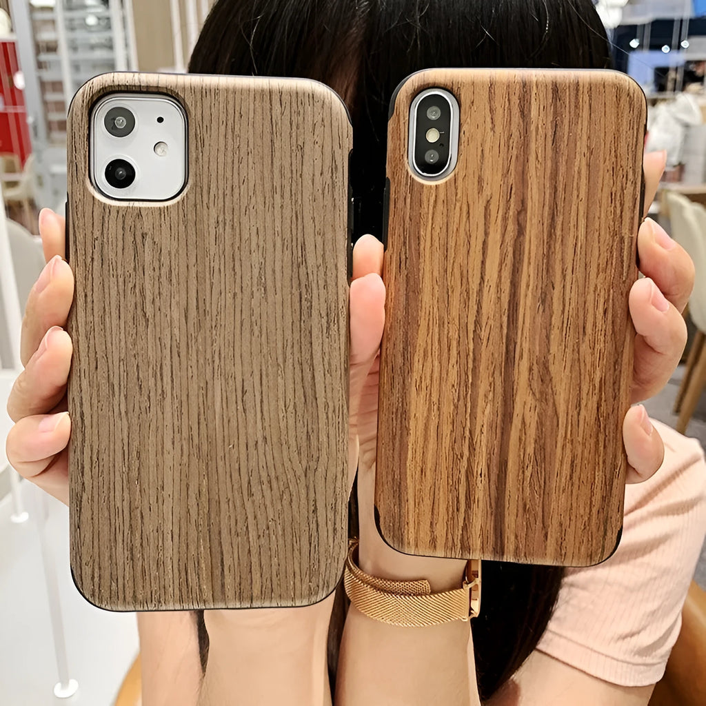 Wood phone case for iPhone showing rosewood, teak, and walnut timber options with natural grain patterns
