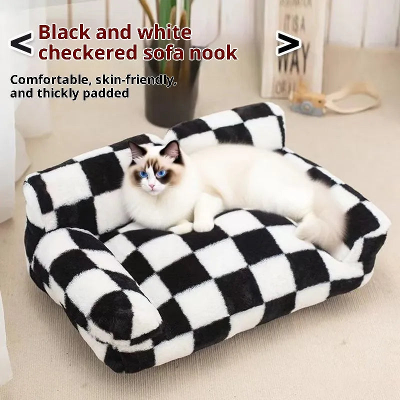 Black and white plaid cloth plush cat nest kennel for small pets