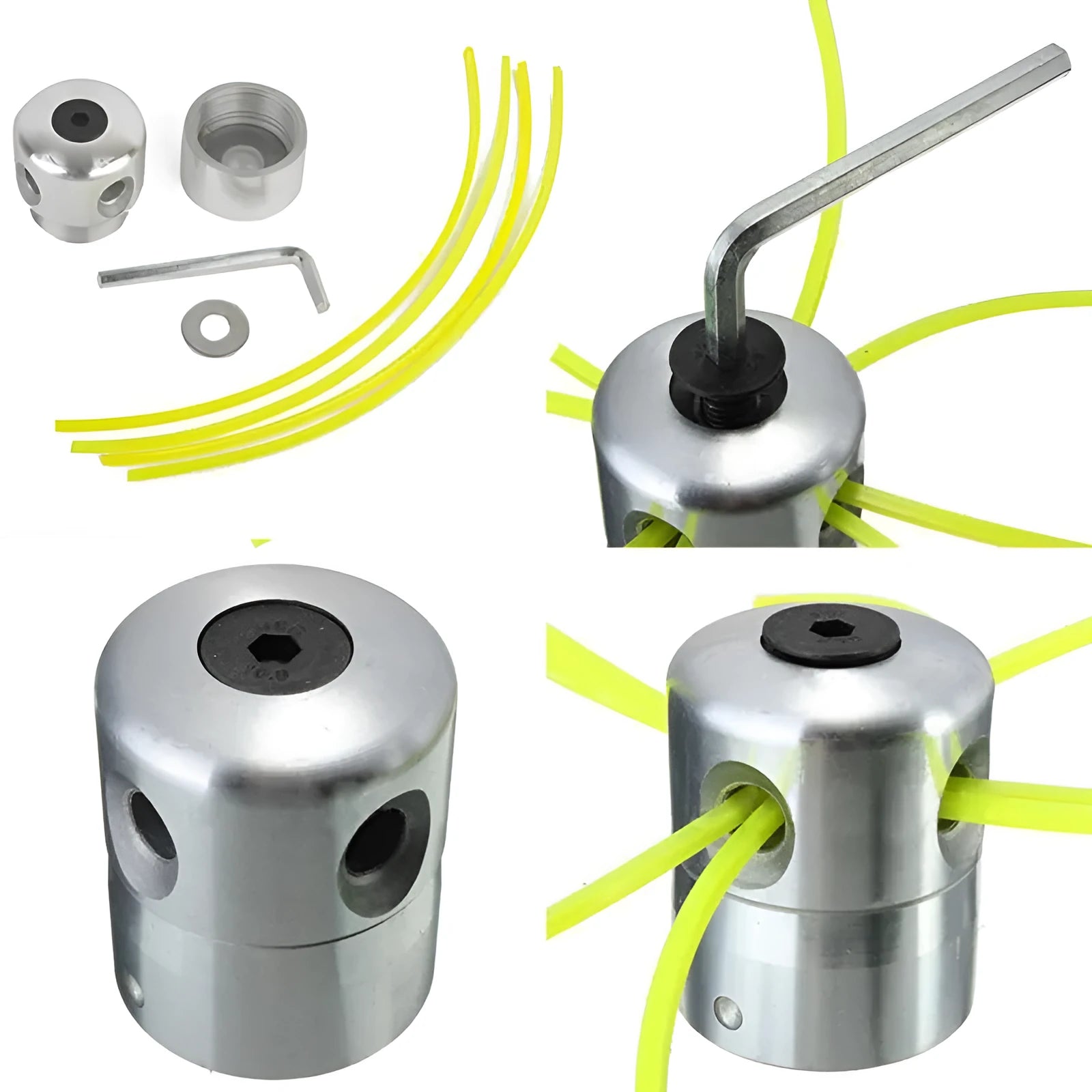 Silver aluminium lawn mower grass trimmer head with four light yellow square lines, a wrench, and a gasket