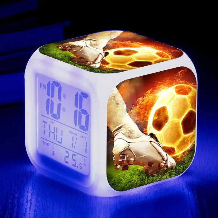 Square football pattern alarm clock with plastic shell and mute alarm function for children