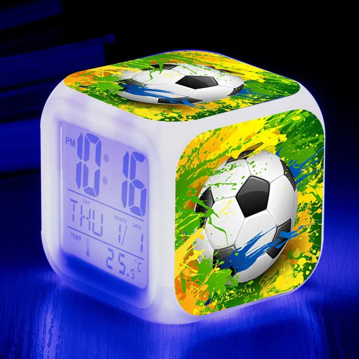 Square football pattern alarm clock with plastic shell and mute alarm function for children