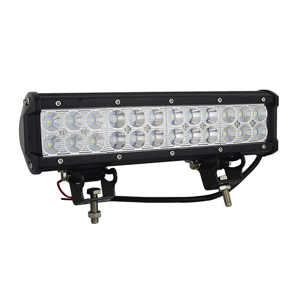 Black aluminium alloy 72W dual row LED roof light bar for off-road vehicles.