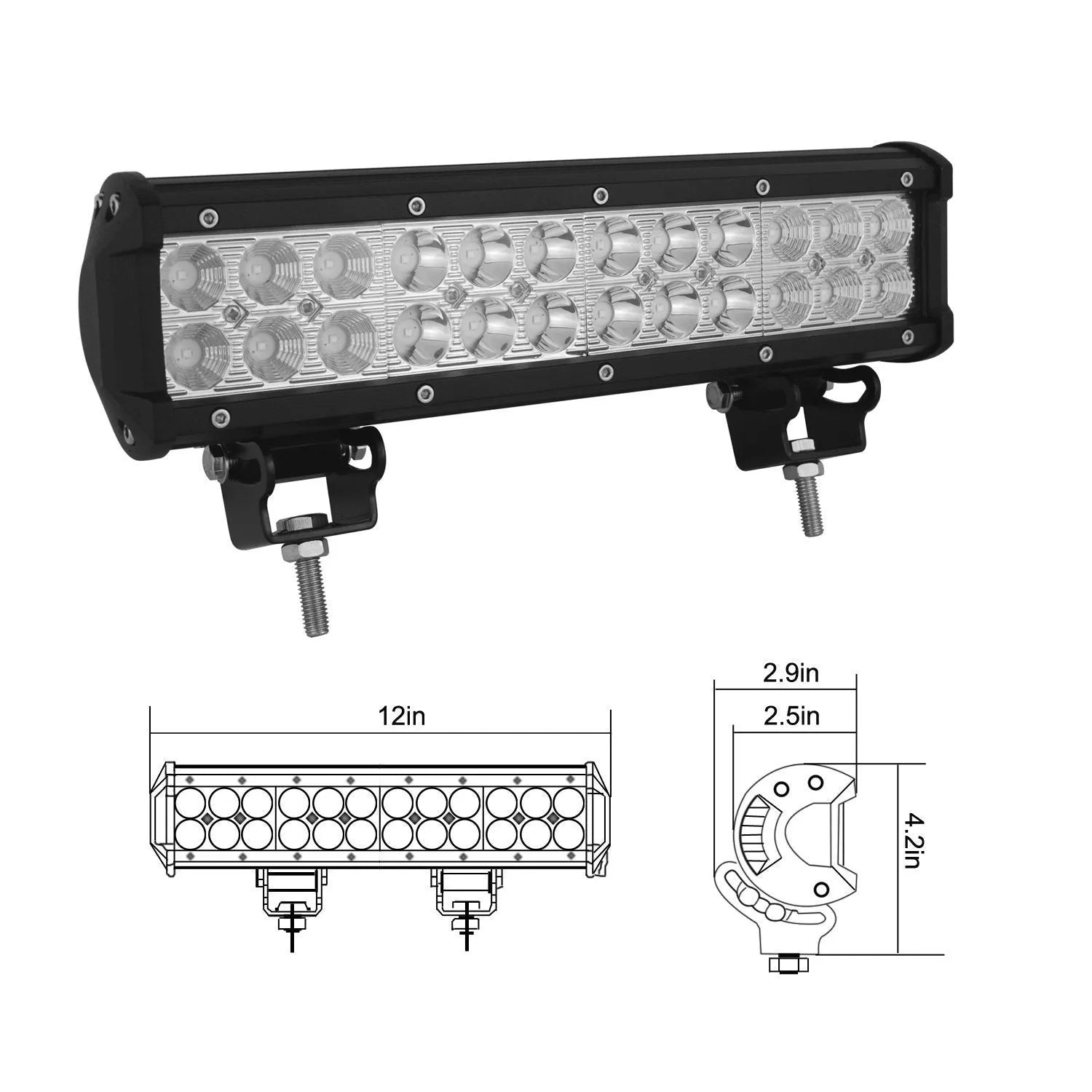 Black aluminium alloy 72W dual row LED roof light bar for off-road vehicles.
