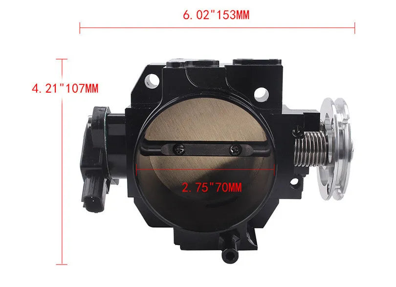 Aluminium throttle body for Honda K20A engine, showing 70mm bore, in black or silver finish