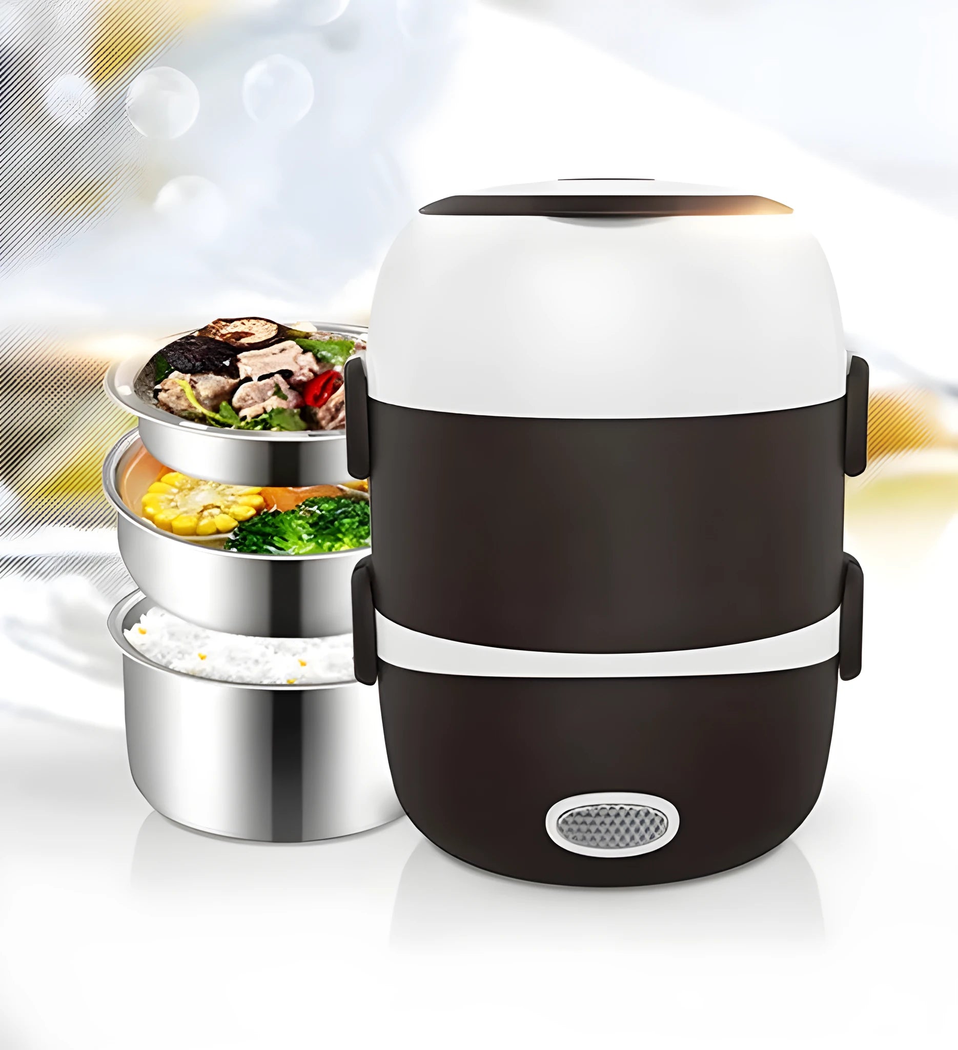 USB-powered electric lunch box showing two-layer design with heating element