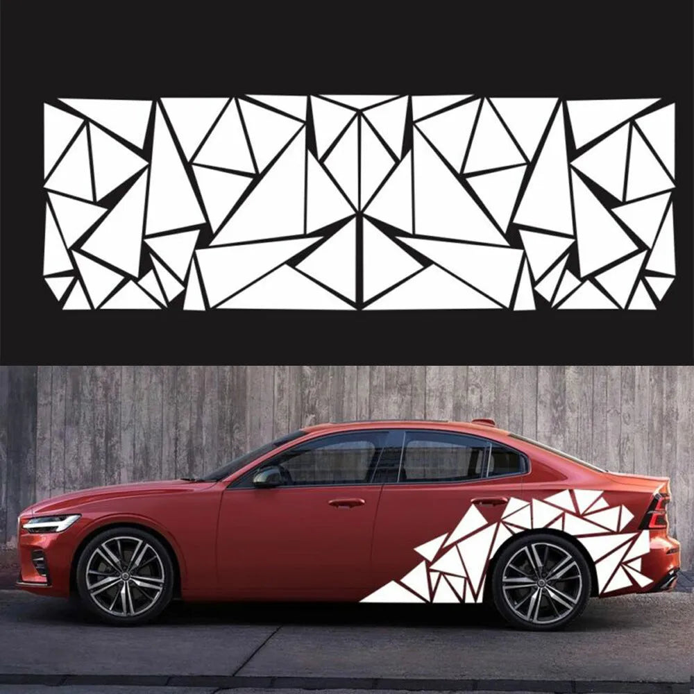 Large black geometric vinyl car sticker sheet for wheel arch decoration, measuring 200cm by 60cm.