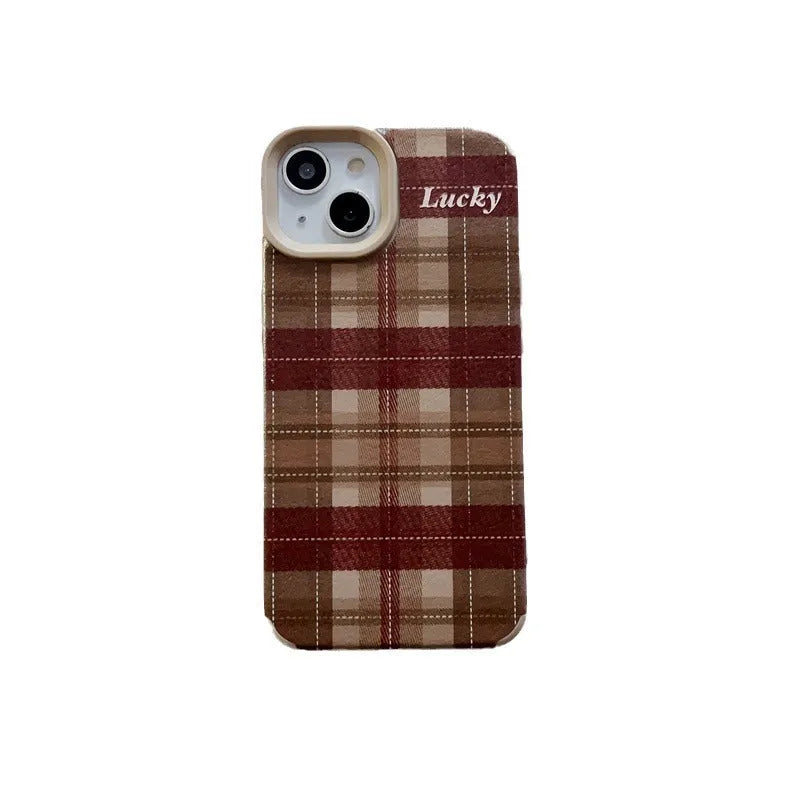 Letter personality lambskin plaid phone case in light coffee plaid colour, silicone with embossed pattern, for iPhone 14 Pro Max