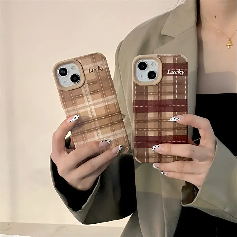 Letter personality lambskin plaid phone case in light coffee plaid colour, silicone with embossed pattern, for iPhone 14 Pro Max