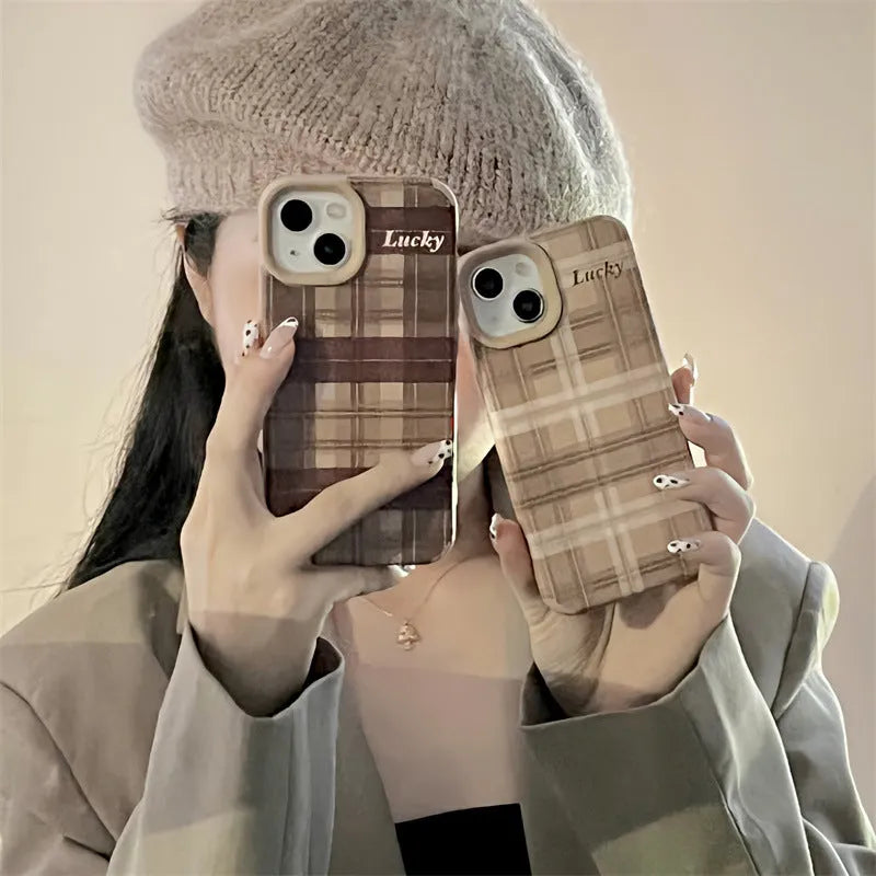 Letter personality lambskin plaid phone case in light coffee plaid colour, silicone with embossed pattern, for iPhone 14 Pro Max