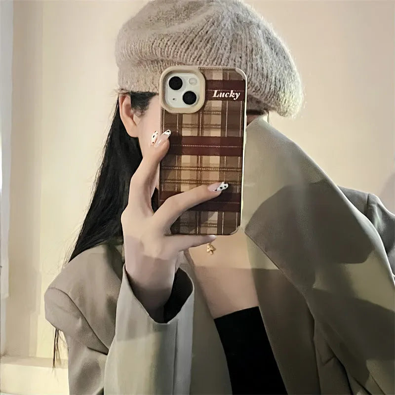 Letter personality lambskin plaid phone case in light coffee plaid colour, silicone with embossed pattern, for iPhone 14 Pro Max