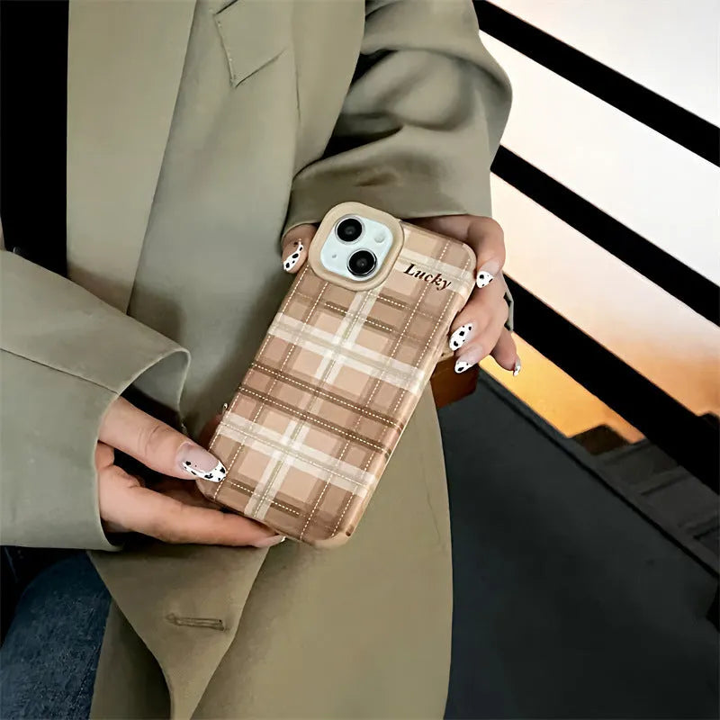 Letter personality lambskin plaid phone case in light coffee plaid colour, silicone with embossed pattern, for iPhone 14 Pro Max
