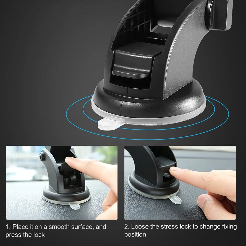 Yellow and black telescopic car phone holder with gel suction cup mounted on dashboard