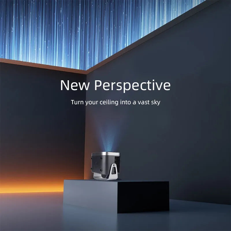 Home HD Portable Projector with bracket on table showing movie scene on wall