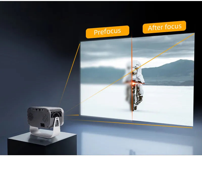 Home HD Portable Projector with bracket on table showing movie scene on wall