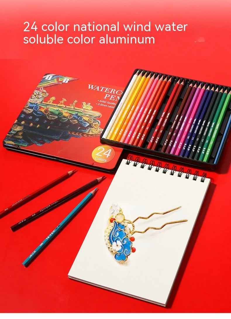 24 water-soluble coloured pencils in metal tin box measuring 21cm by 18cm