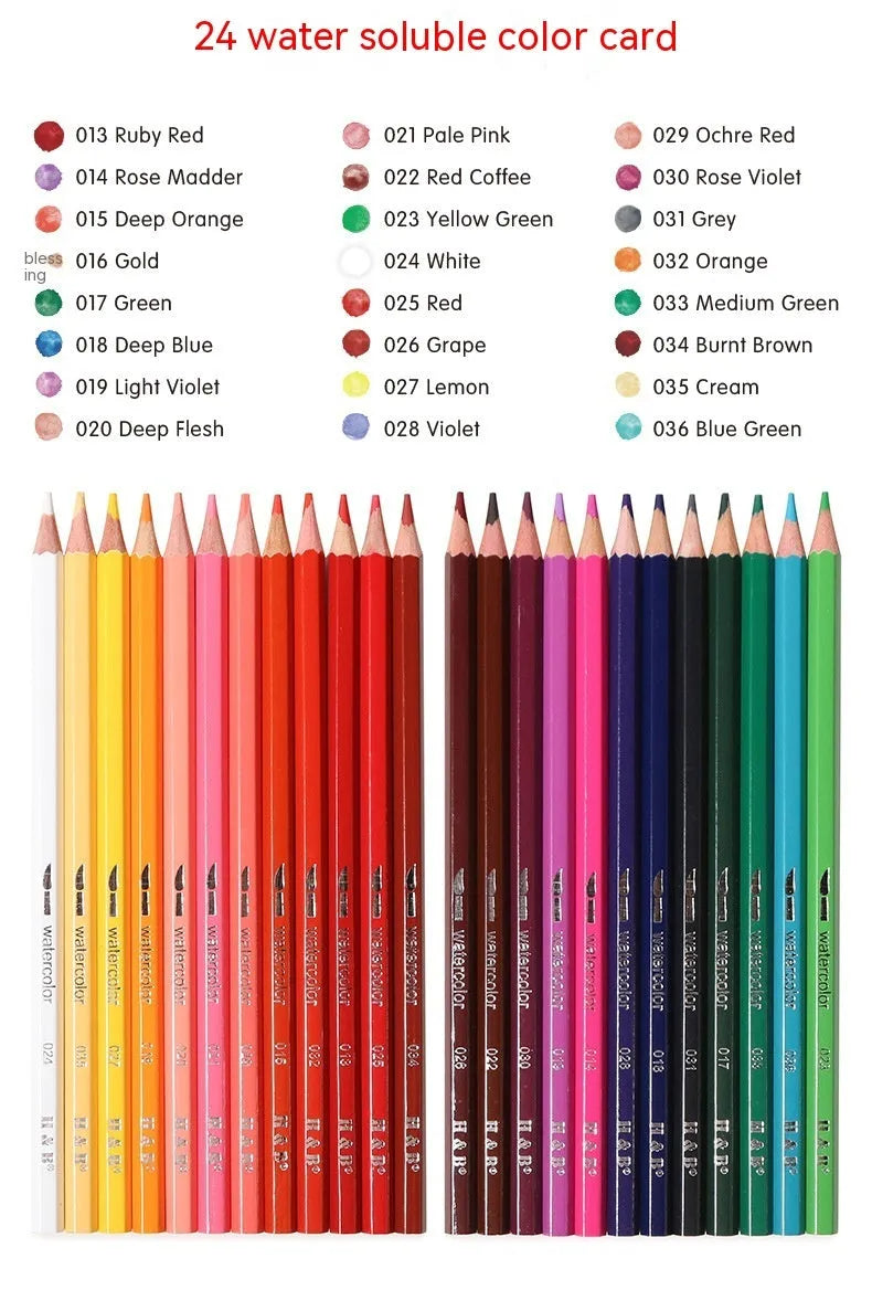 24 water-soluble coloured pencils in metal tin box measuring 21cm by 18cm