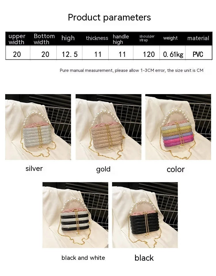 Round women's crossbody bag with pearl beading in European retro style