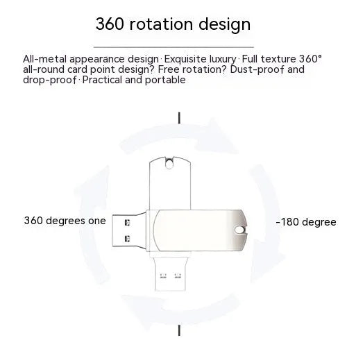 White metal rotating USB flash drive showing compact 34mm size with connector exposed