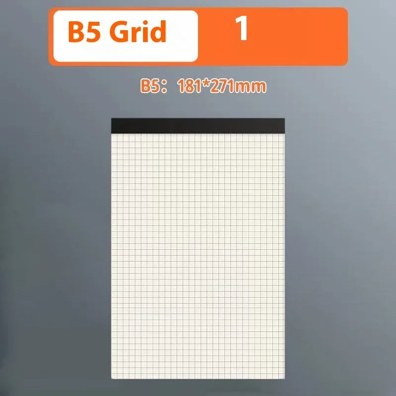 Set of A5, B5, and A4 writing pads showing blank, grid, and horizontal line page styles.