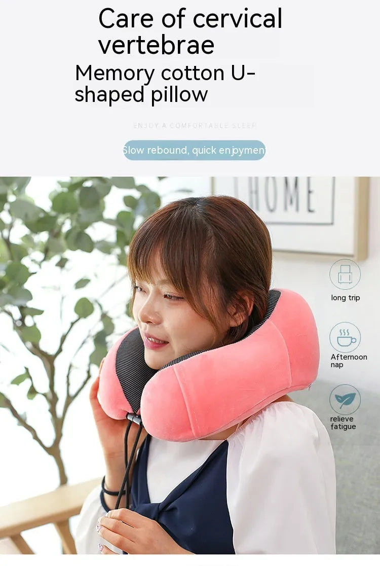 U-shape memory foam travel pillow in peacock blue with magnetic cloth cover, 30x25x15cm