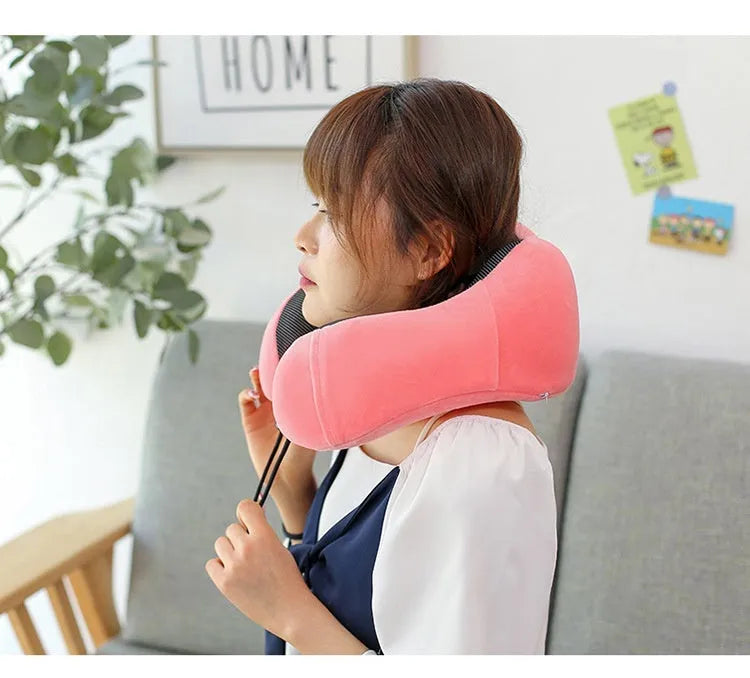 U-shape memory foam travel pillow in peacock blue with magnetic cloth cover, 30x25x15cm